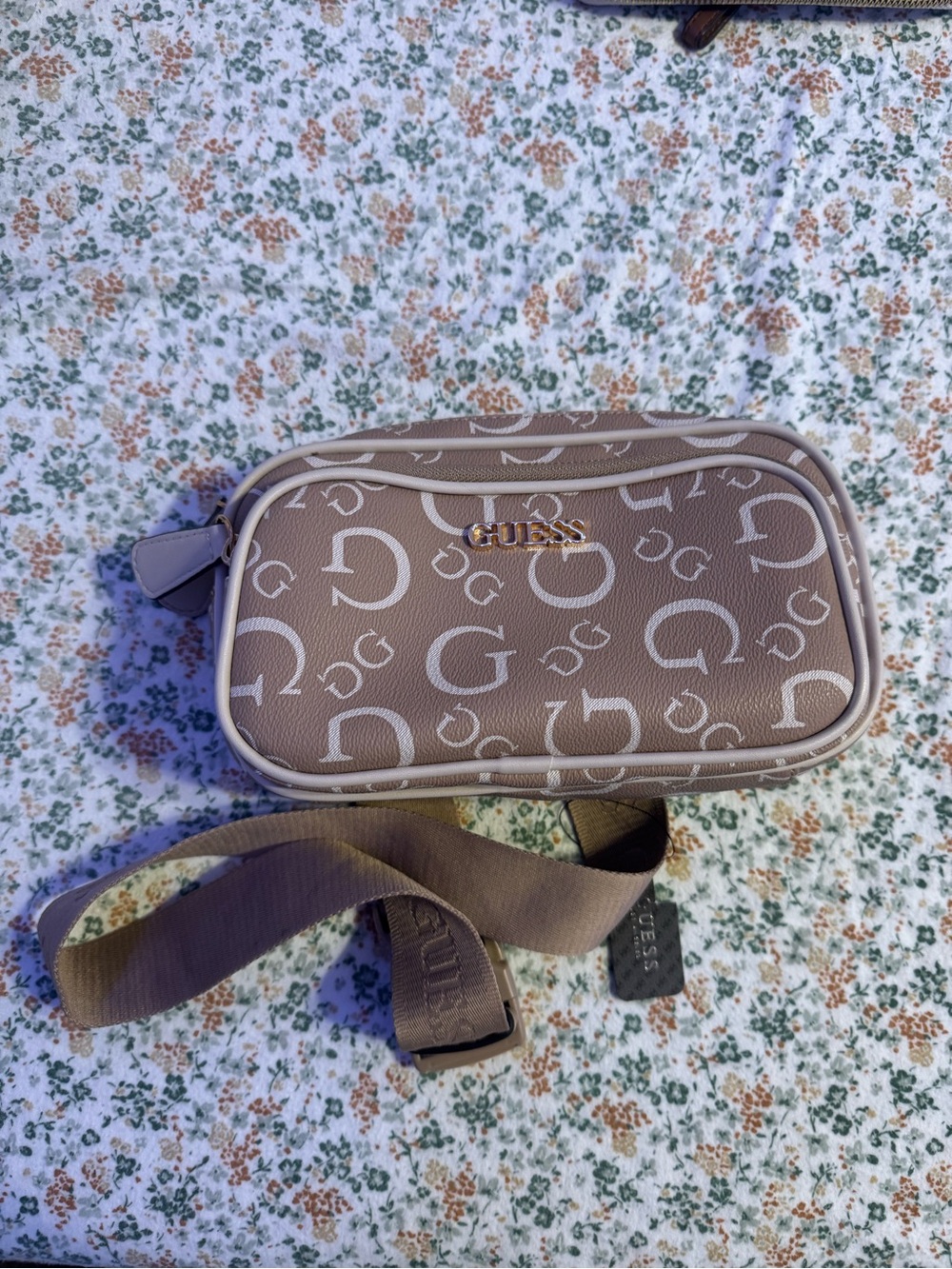 GUESS Taupe Monogram Belt Bag with Cream Accents